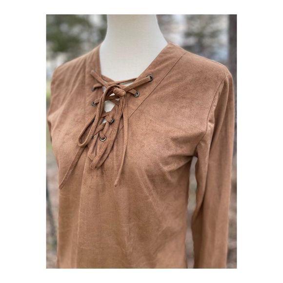 Bill Blass Vintage 90s Faux Suede Western Shirt Lace Up Neckline Long Sleeve S - Picture 2 of 10